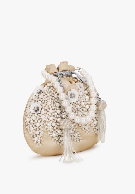 Cream Coloured And White Embellished Tasselled Potli Clutch