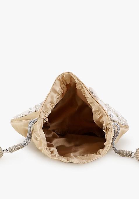 Cream Coloured And White Embellished Tasselled Potli Clutch