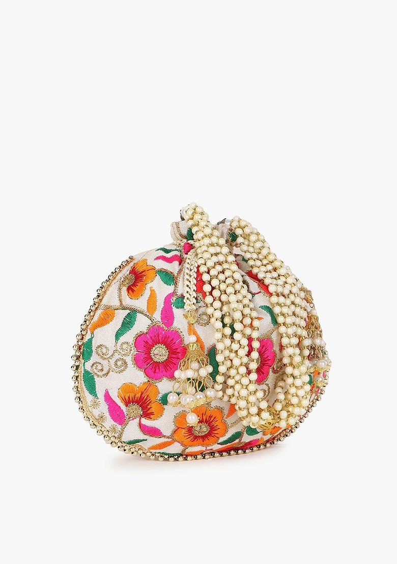 Cream Coloured And Green Embroidered Tasselled Potli Clutch