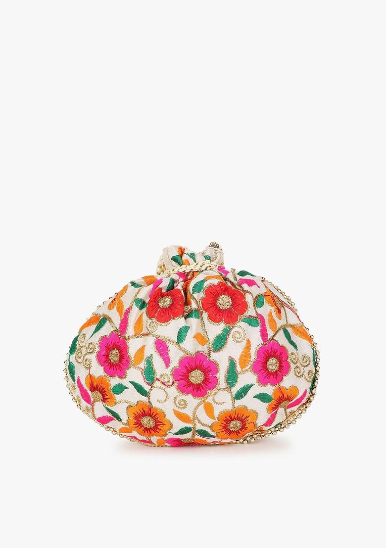 Cream Coloured And Green Embroidered Tasselled Potli Clutch