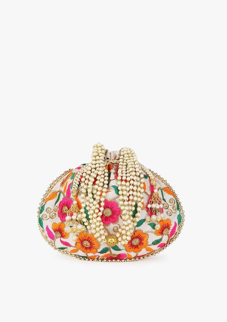Cream Coloured And Green Embroidered Tasselled Potli Clutch