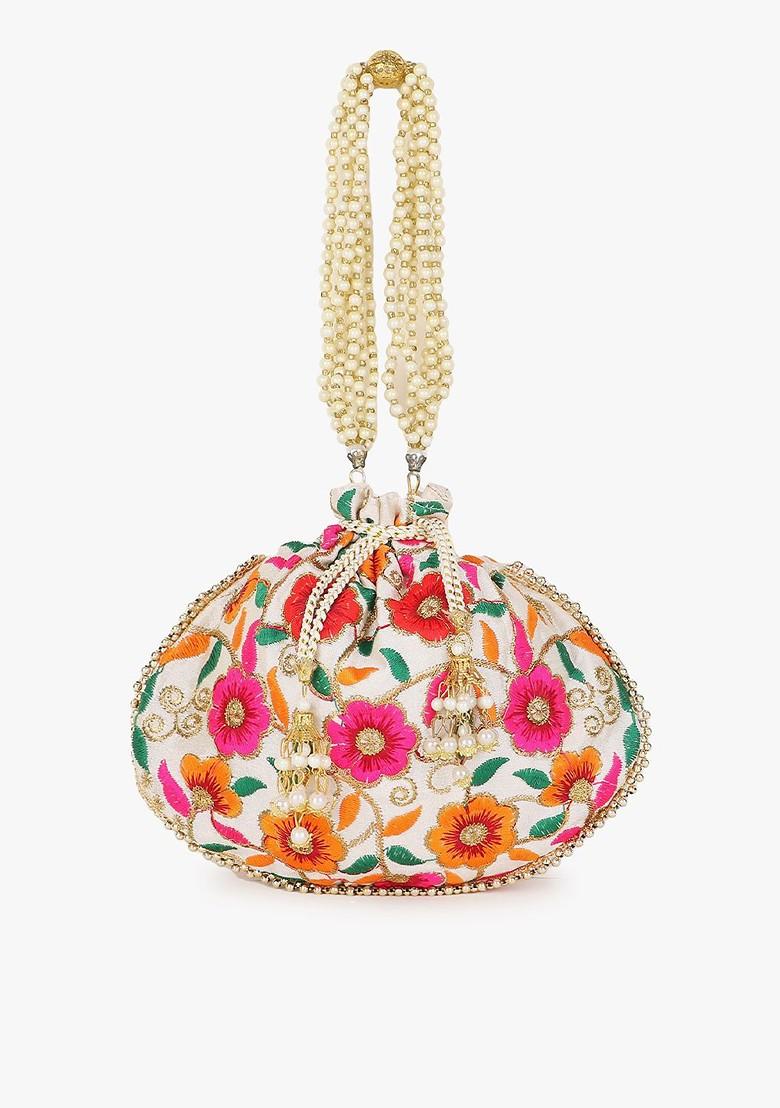 Cream Coloured And Green Embroidered Tasselled Potli Clutch