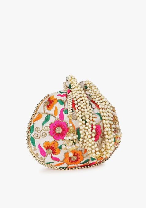Cream Coloured And Green Embroidered Tasselled Potli Clutch