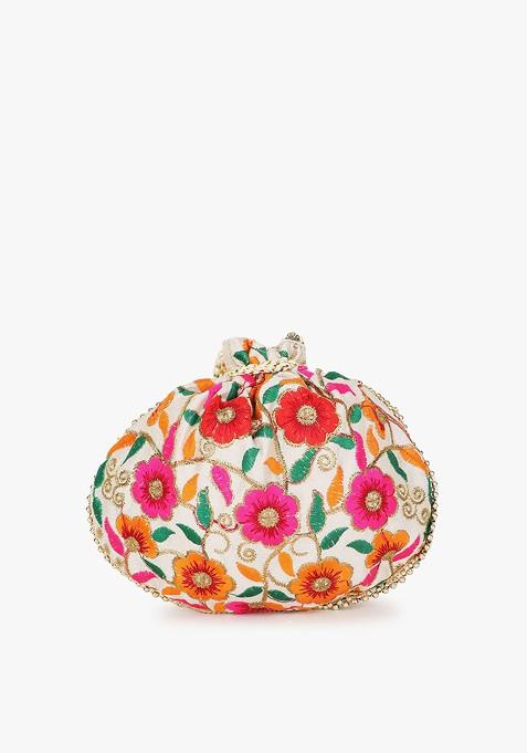 Cream Coloured And Green Embroidered Tasselled Potli Clutch