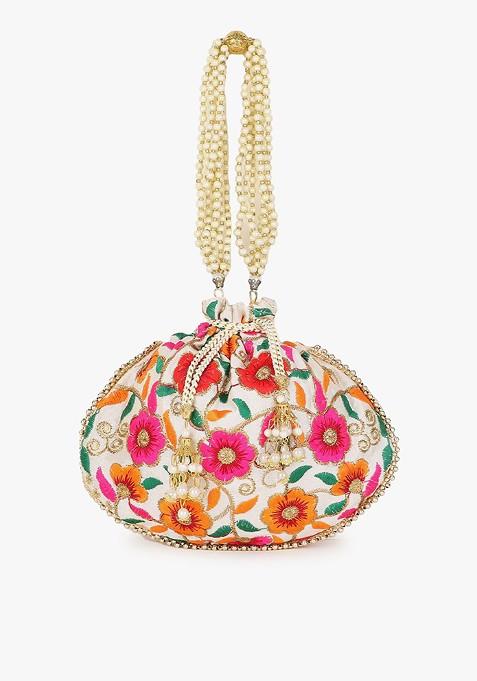 Cream Coloured And Green Embroidered Tasselled Potli Clutch