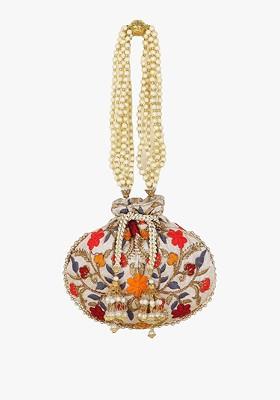 Cream Coloured And Orange Embroidered Potli Clutch