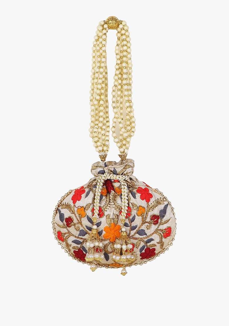 Cream Coloured And Orange Embroidered Potli Clutch - Indya