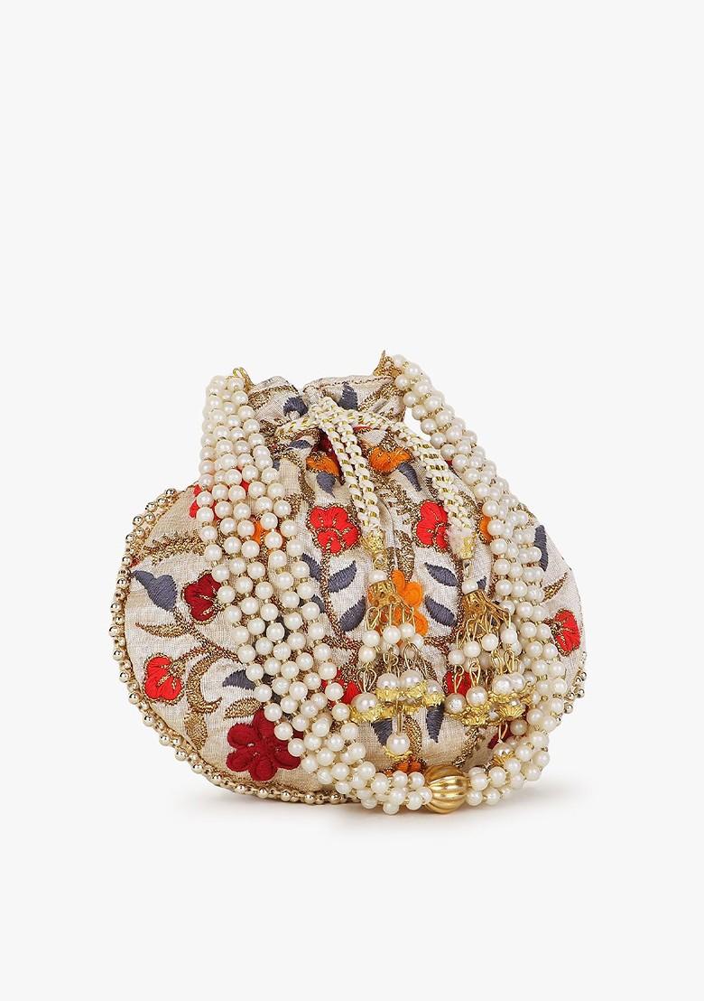 Cream Coloured And Orange Embroidered Potli Clutch