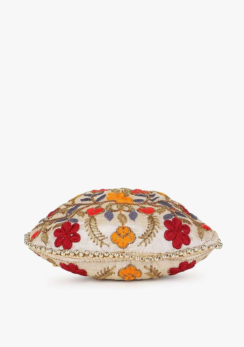 Cream Coloured And Orange Embroidered Potli Clutch - Indya