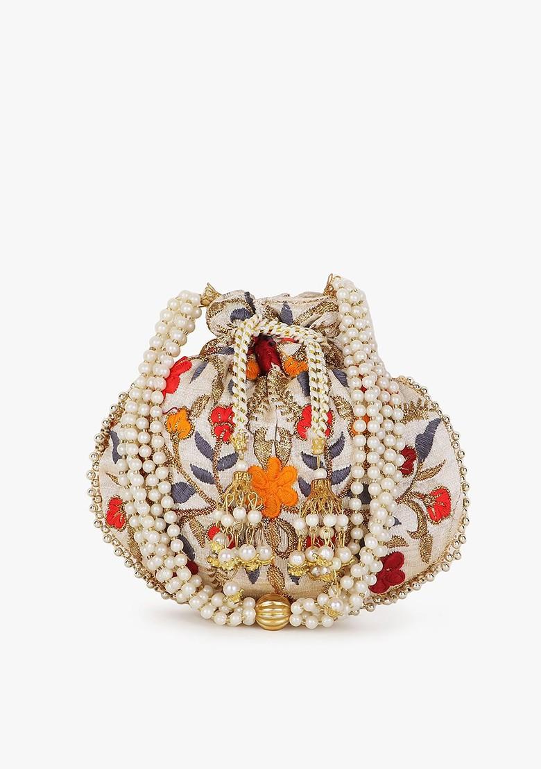 Cream Coloured And Orange Embroidered Potli Clutch