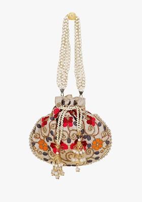 Cream Coloured And Red Embroidered Tasselled Potli Clutch