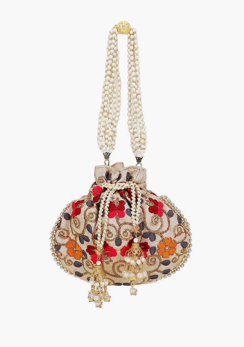 Cream Coloured And Red Embroidered Tasselled Potli Clutch - Indya