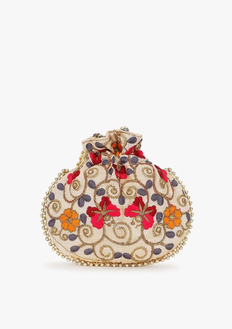 Cream Coloured And Red Embroidered Tasselled Potli Clutch