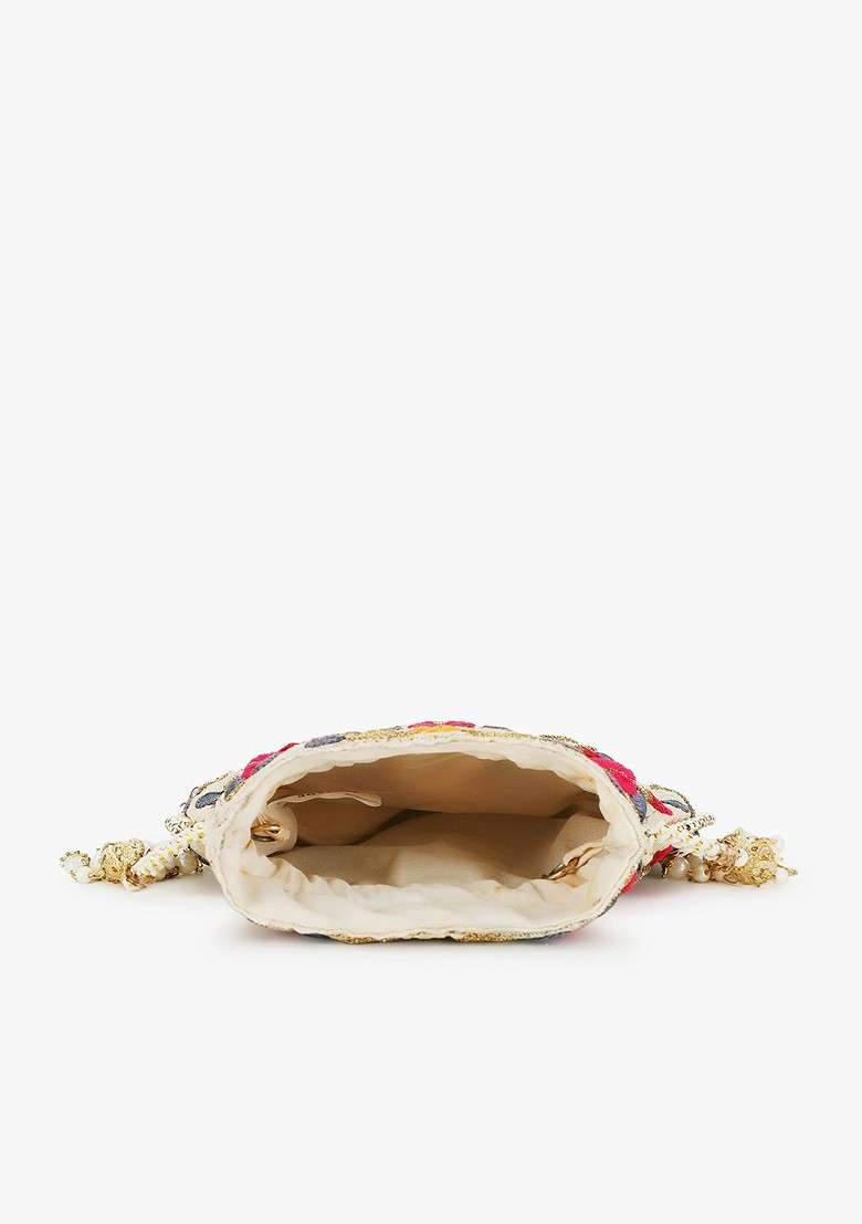 Cream Coloured And Red Embroidered Tasselled Potli Clutch - Indya