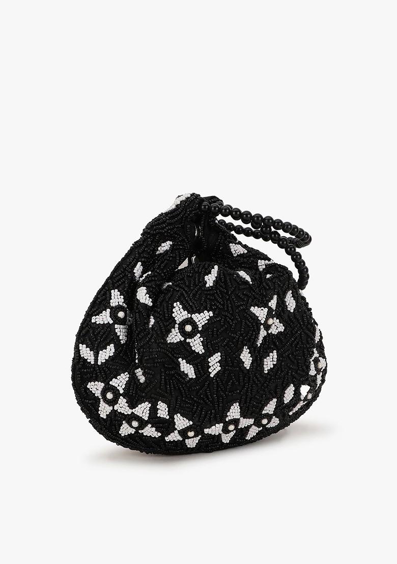 Women Black And White Embellished Potli Clutch