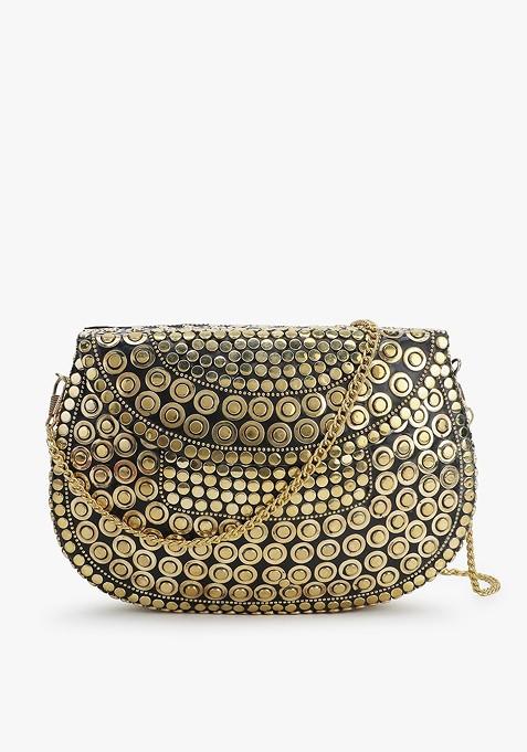 Women Gold Toned Embellished Half Moon Clutch