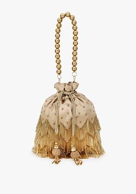 Women Champagne And White Embellished Tasselled Potli Clutch