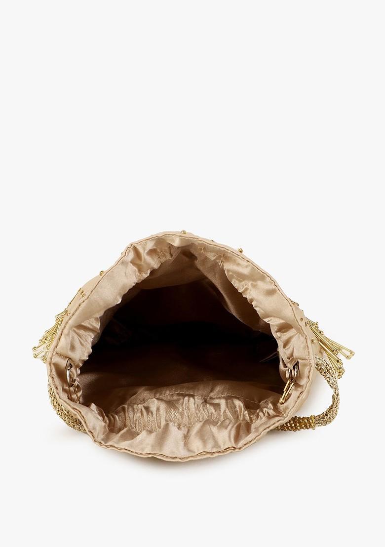 Women Champagne And White Embellished Tasselled Potli Clutch