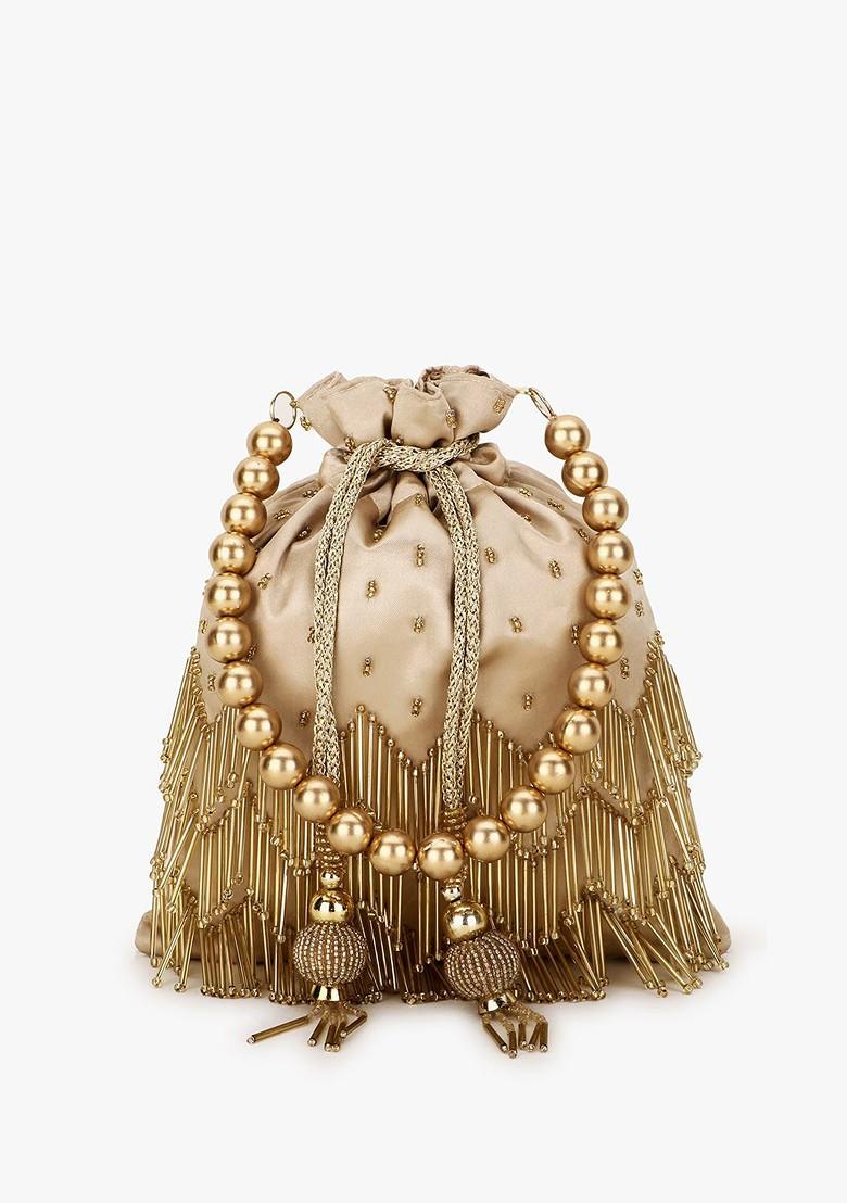 Women Champagne And White Embellished Tasselled Potli Clutch