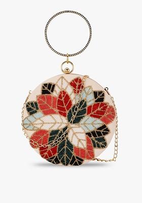 Women Peach Coloured And Red Embroidered Box Clutch