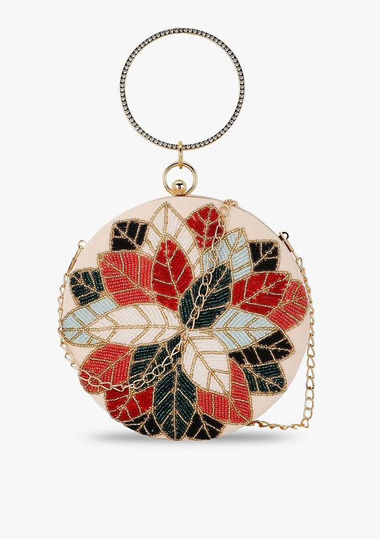 Women Peach Coloured And Red Embroidered Box Clutch - Indya