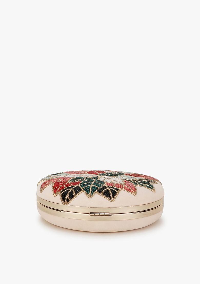 Women Peach Coloured And Red Embroidered Box Clutch