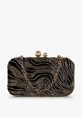 Women Black And Gold Toned Embellished Box Clutch