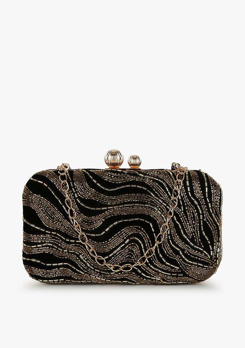Women Black And Gold Toned Embellished Box Clutch - Indya