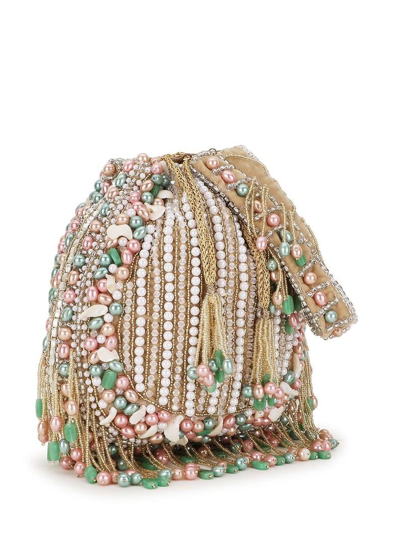 Women Beige And White Embellished Tasselled Potli Clutch