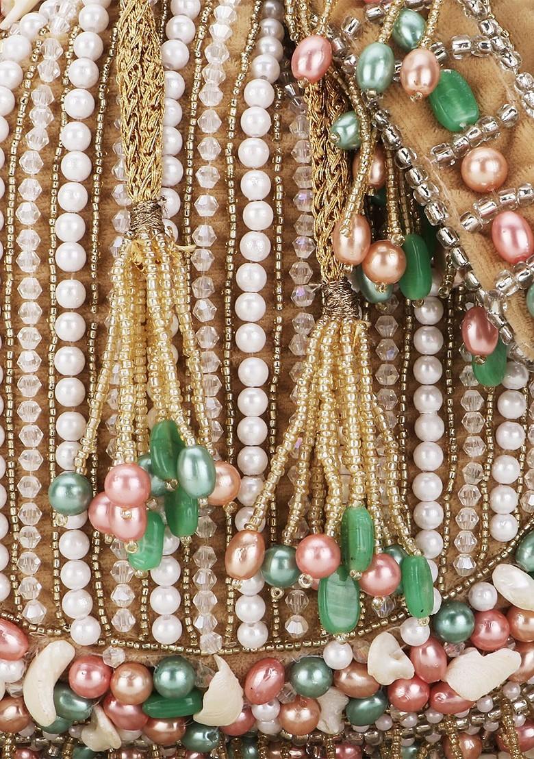 Women Beige And White Embellished Tasselled Potli Clutch