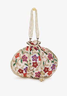 Women Cream Coloured And Purple Embroidered Tasselled Potli Clutch