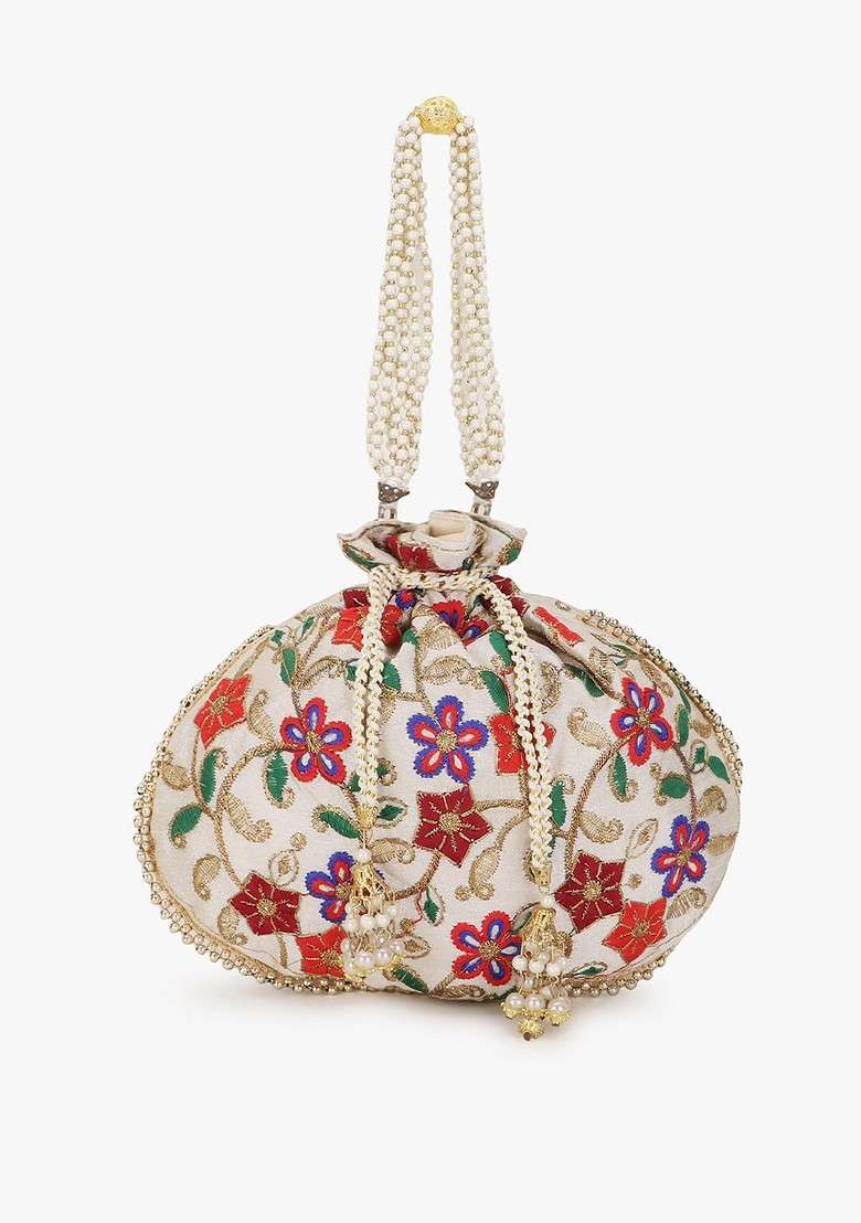 Women Cream Coloured And Purple Embroidered Tasselled Potli Clutch - Indya