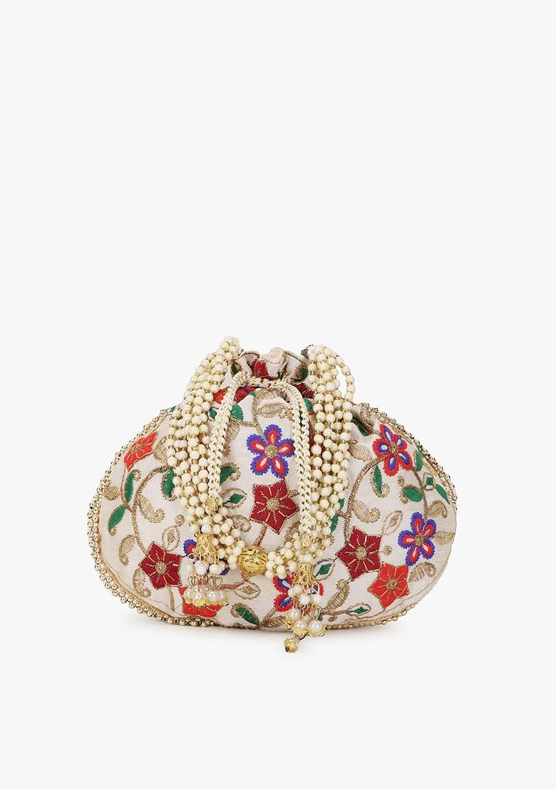 Women Cream Coloured And Purple Embroidered Tasselled Potli Clutch