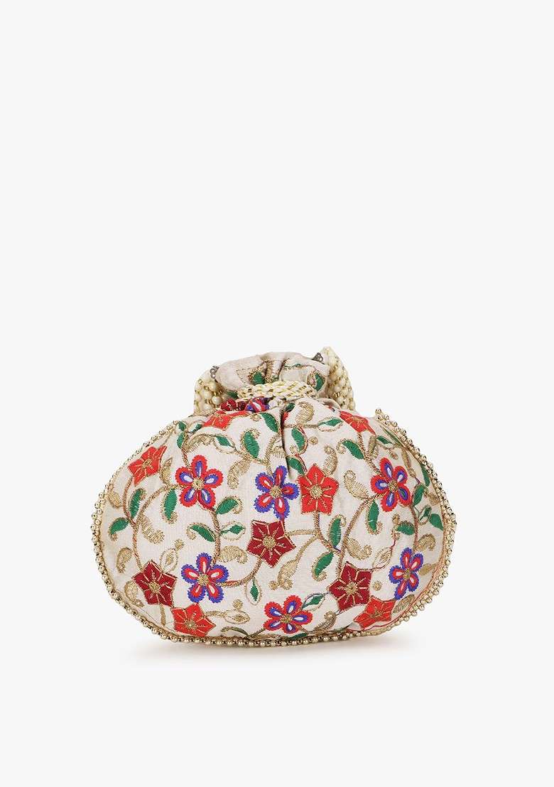 Women Cream Coloured And Purple Embroidered Tasselled Potli Clutch - Indya