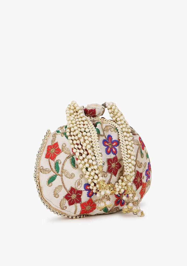 Women Cream Coloured And Purple Embroidered Tasselled Potli Clutch