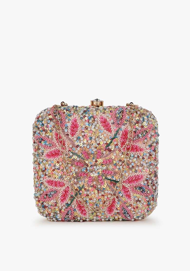 Women Pink And White Embellished Box Clutch - Indya