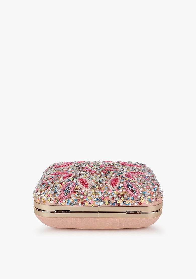 Women Pink And White Embellished Box Clutch