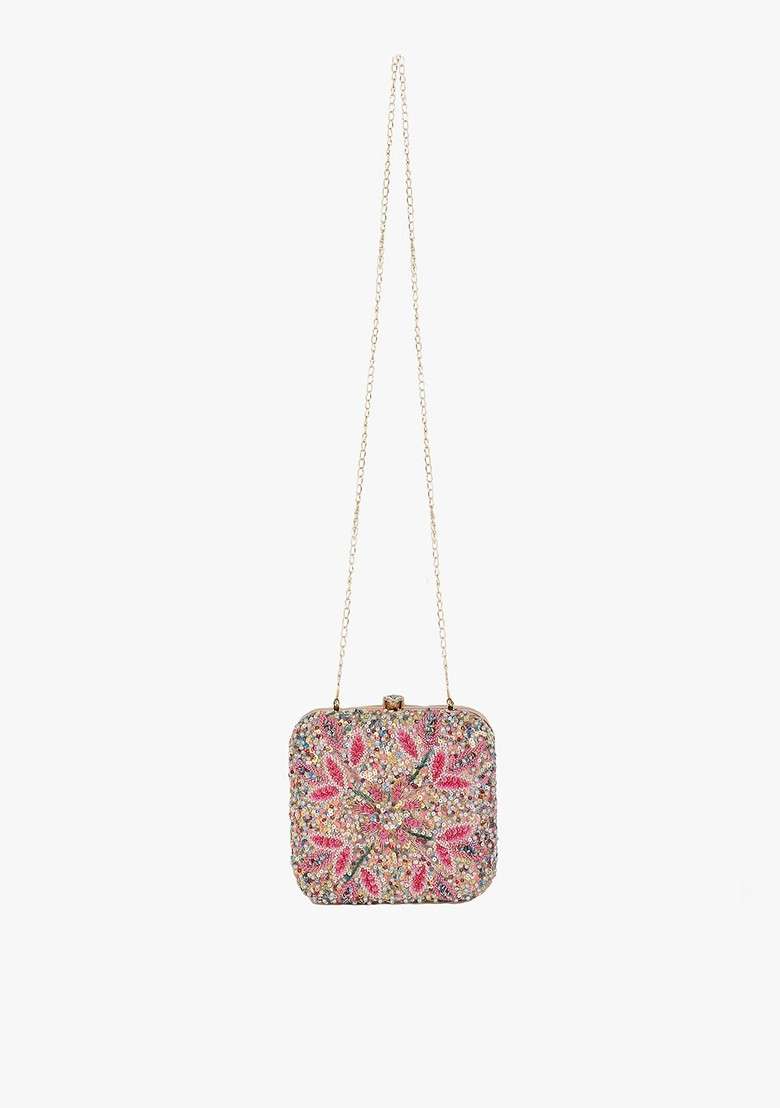 Women Pink And White Embellished Box Clutch - Indya