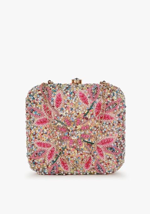 Women Pink And White Embellished Box Clutch