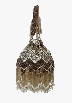 Women Gold Toned And Copper Toned Embellished Tasselled Potli Clutch