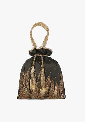 Green And Copper Toned Embellished Tasselled Potli Clutch