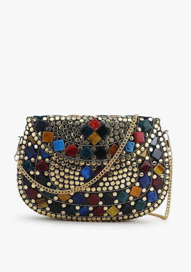 Gold Toned And Blue Embellished Half Moon Clutch - Indya