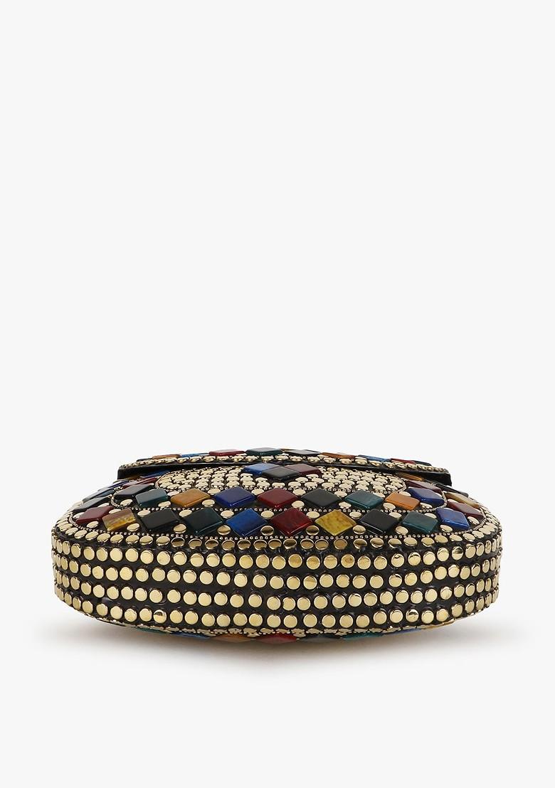 Gold Toned And Blue Embellished Half Moon Clutch