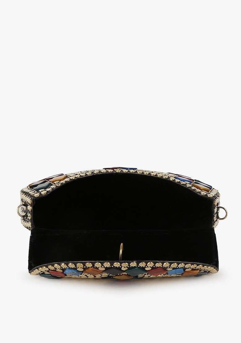 Gold Toned And Blue Embellished Half Moon Clutch - Indya
