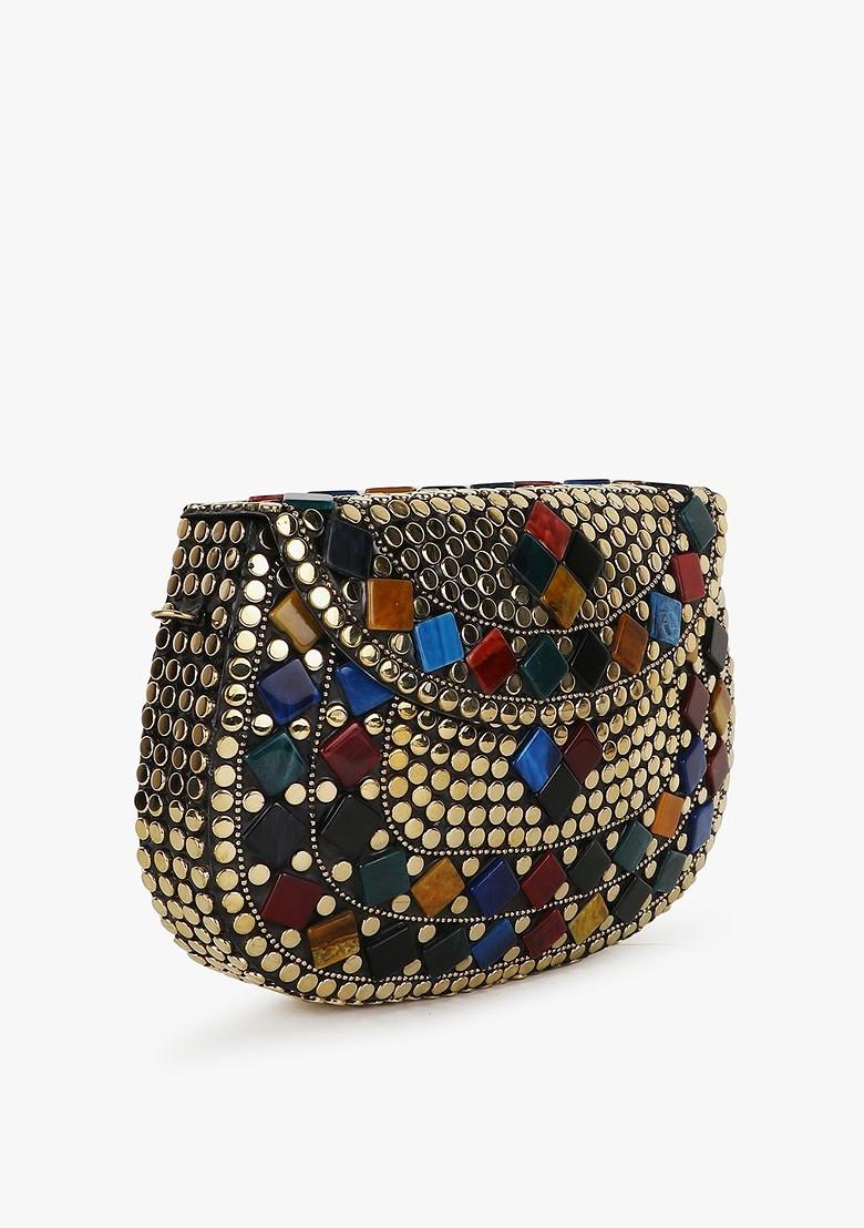 Gold Toned And Blue Embellished Half Moon Clutch