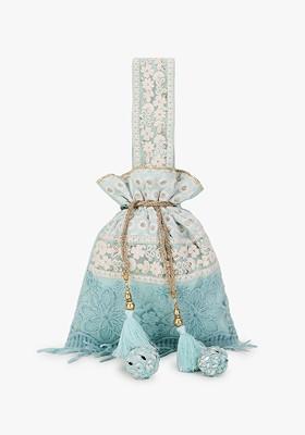 Women Blue And White Floral Lace Embroidered Tasselled Potli Clutch