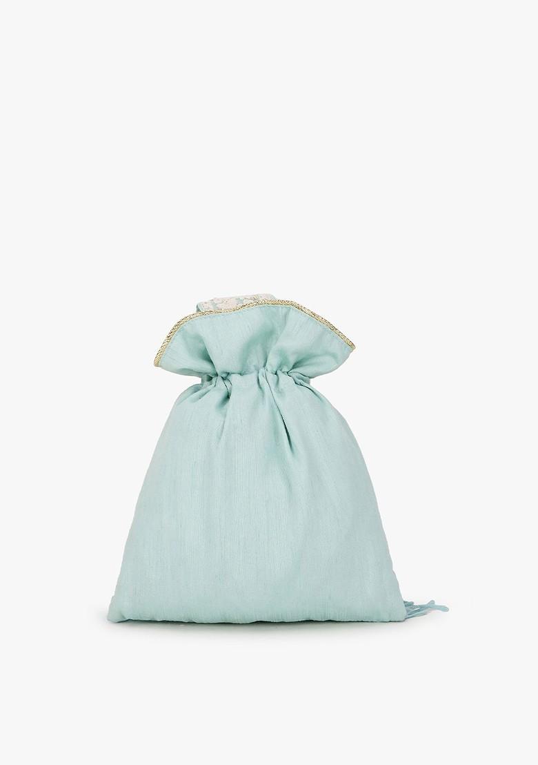 Women Blue And White Floral Lace Embroidered Tasselled Potli Clutch