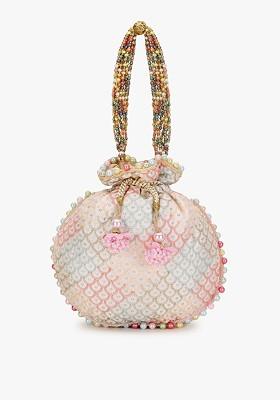 Women Off White And Pink Embellished Tasselled Potli Clutch
