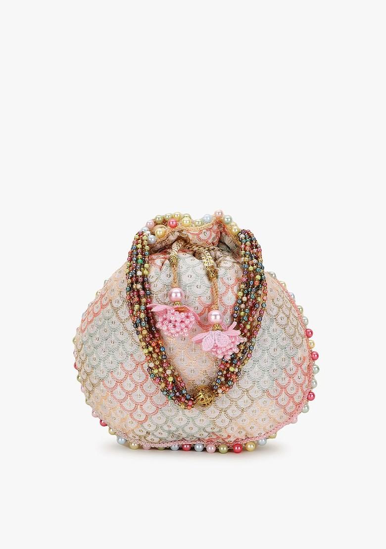 Women Off White And Pink Embellished Tasselled Potli Clutch