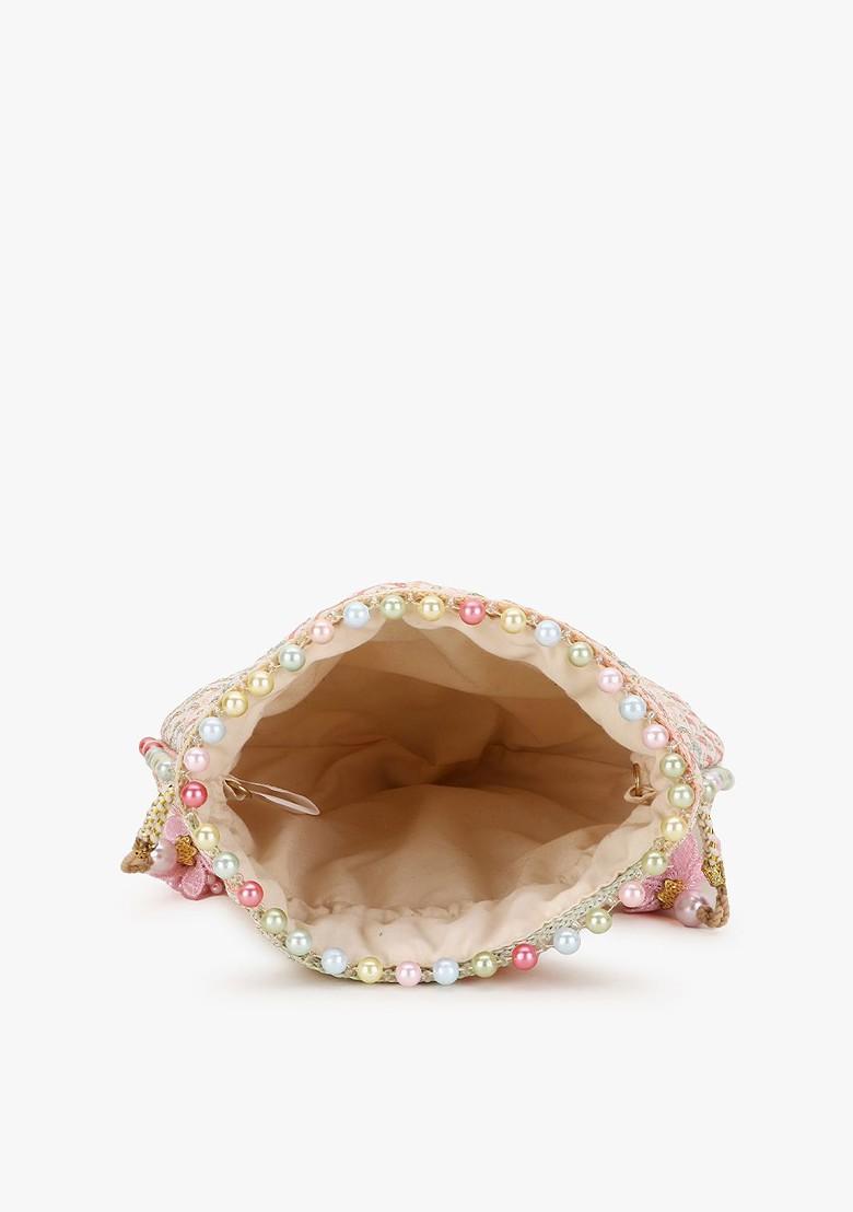 Women Off White And Pink Embellished Tasselled Potli Clutch